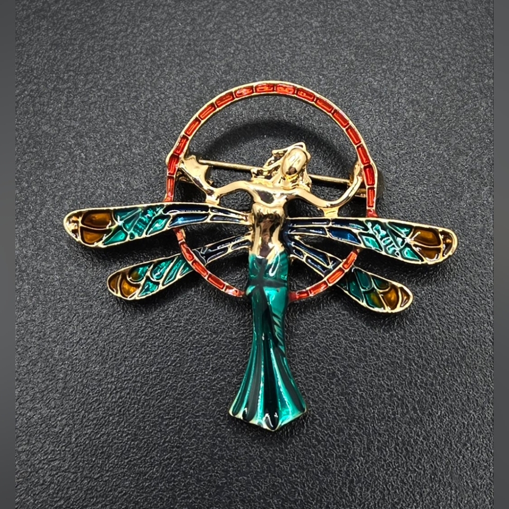 Nymph Brooch Multi Color Enamel with Gold Tone Base 1.75" X 2" Dragonfly